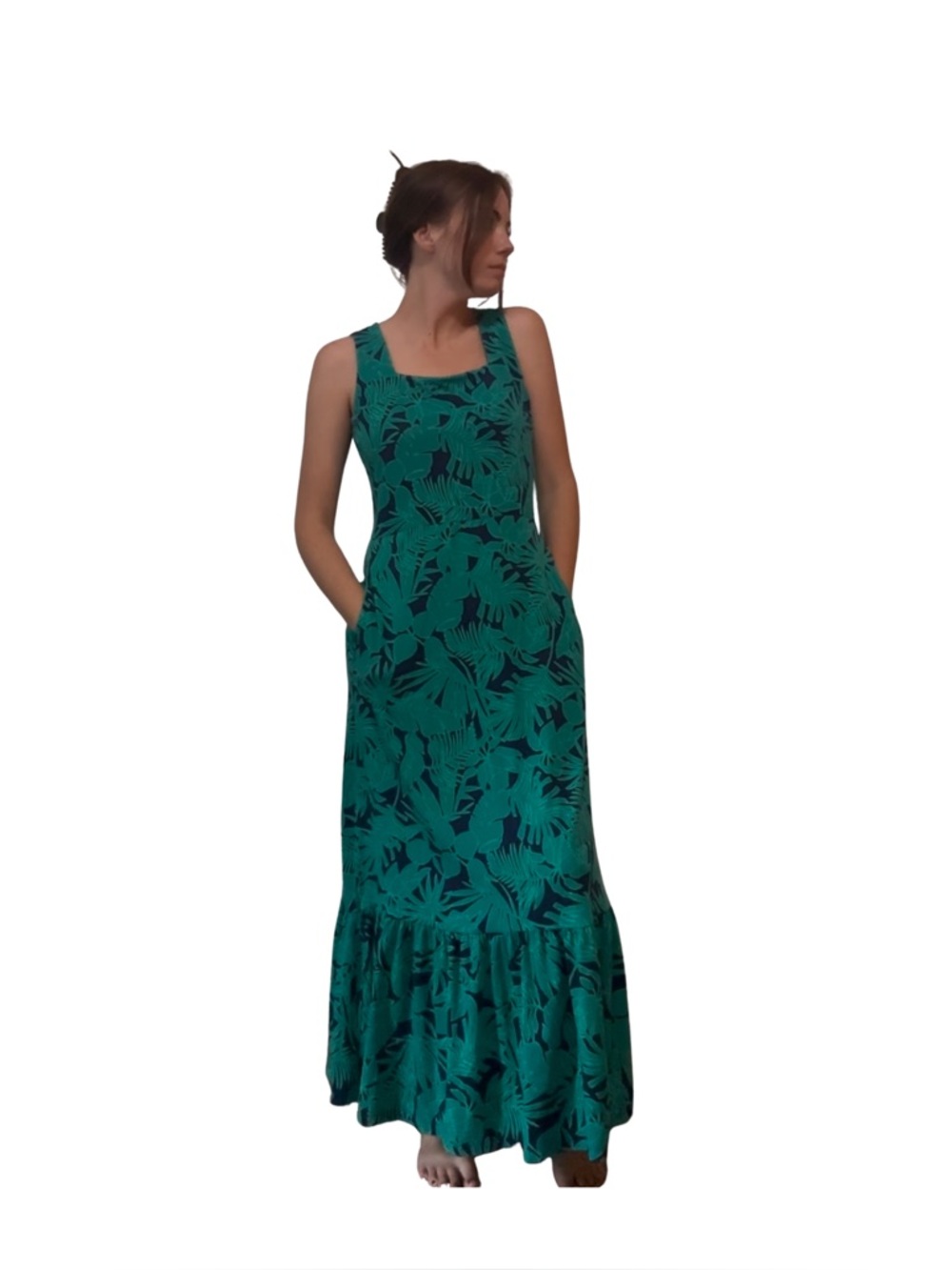 Sleeveless Green Tropical Maxi Dress size small
